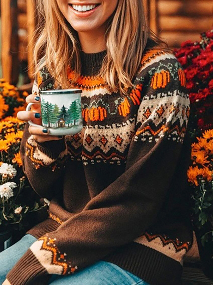 Vintage Halloween Pumpkin Crew Neck Sweater-ABOXUN