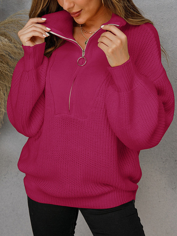 Pullover Zip Knit Lapel Solid Sweater-ABOXUN