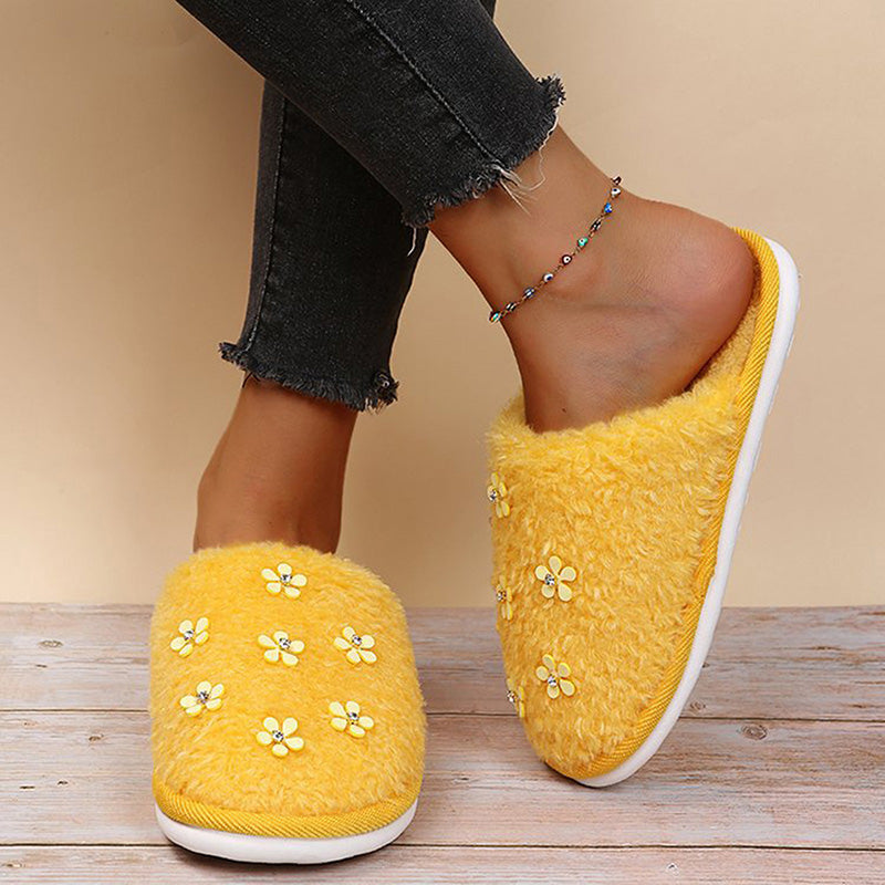 Rhinestone Flower Decorated Fluffy Closed Toe Flat Cotton Slippers-ABOXUN