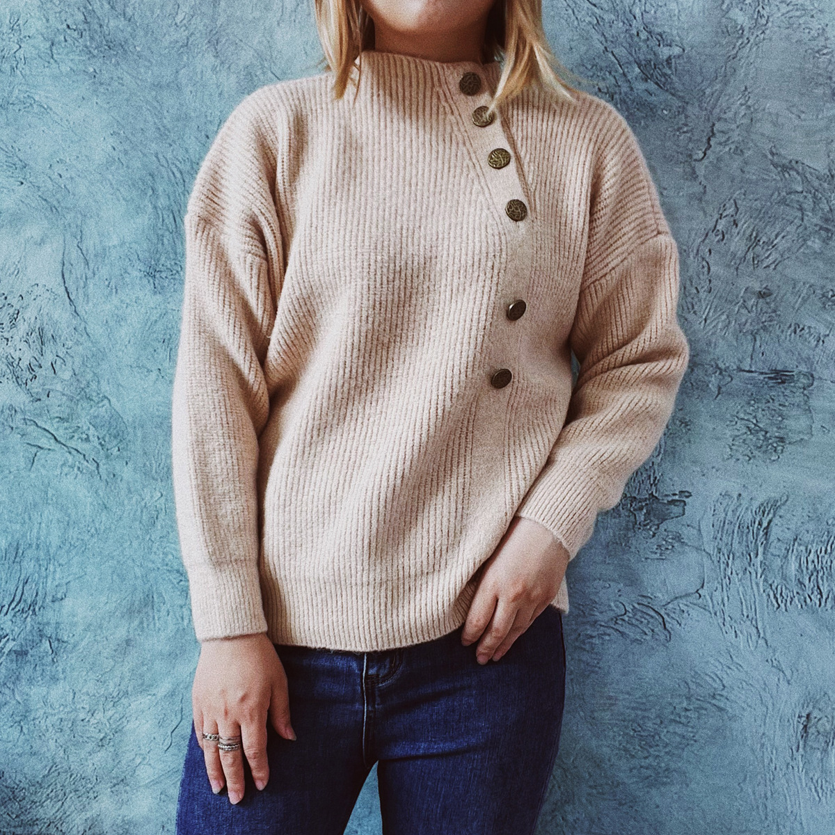 Vintage Solid Diagonal Button Sweater-ABOXUN