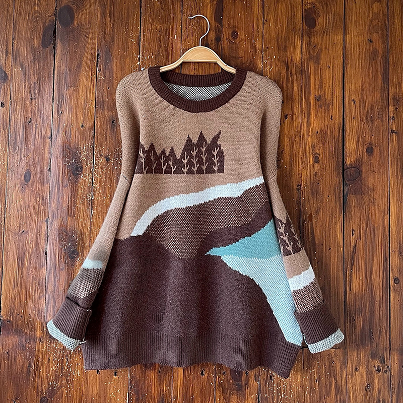 Casual Mountains Pattern Long Sleeve Sweater-ABOXUN