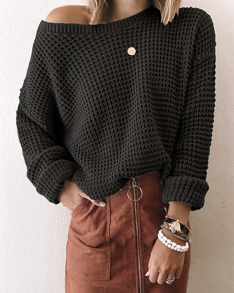 Loose Solid Color Inclined Collar Long Sleeve Knitted Sweater-ABOXUN