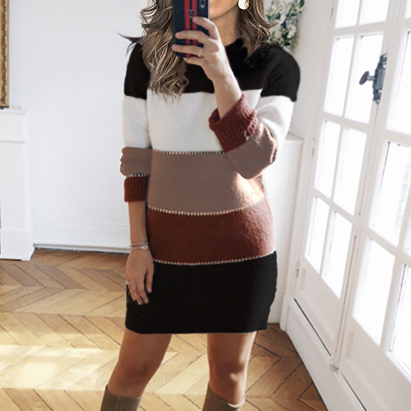 Casual Contrast Crewneck Sweater Mini Dress-ABOXUN