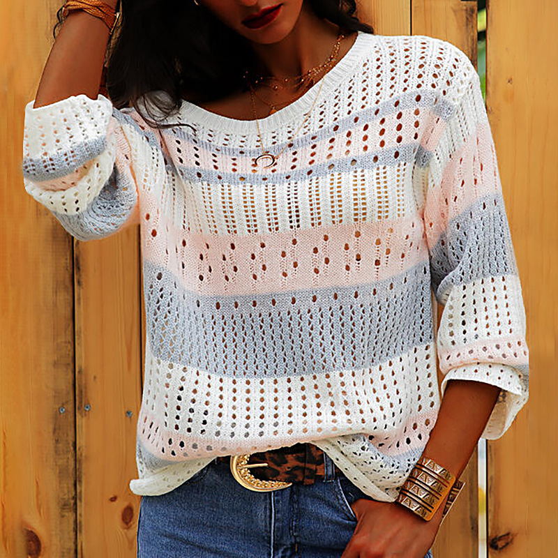 Contrast Cutout Loose Casual Sweater-ABOXUN