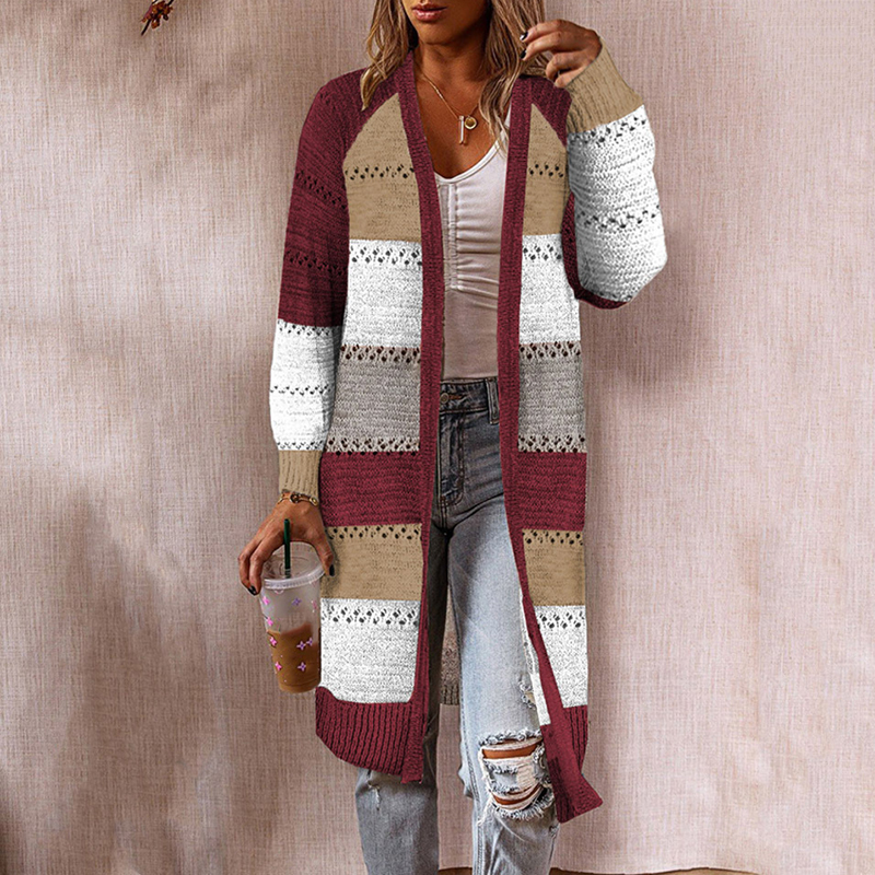 Vintage Contrast Cutout Sweater Cardigan-ABOXUN