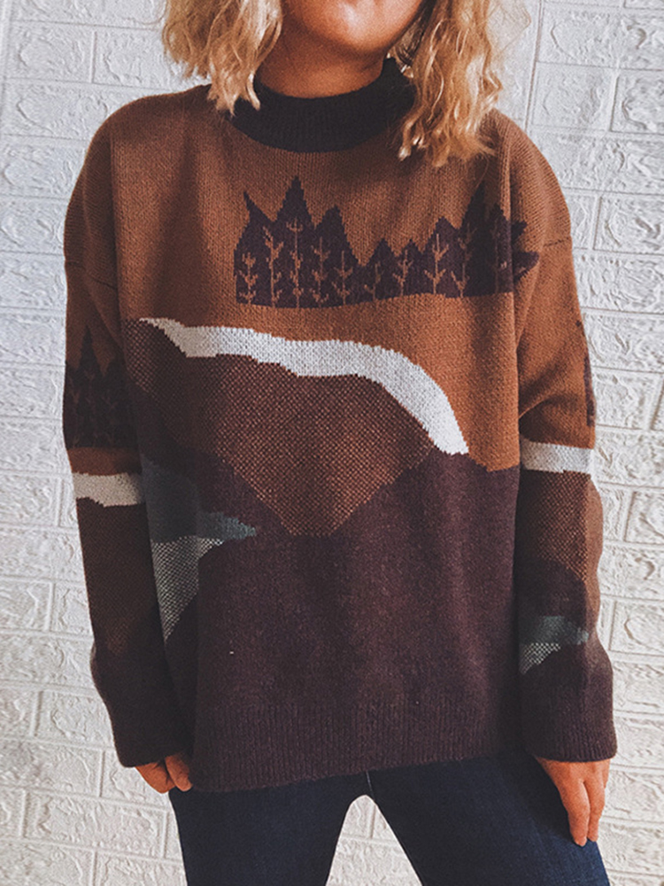 Vintage Crew Neck Long Sleeve Forest Pattern Sweater-ABOXUN