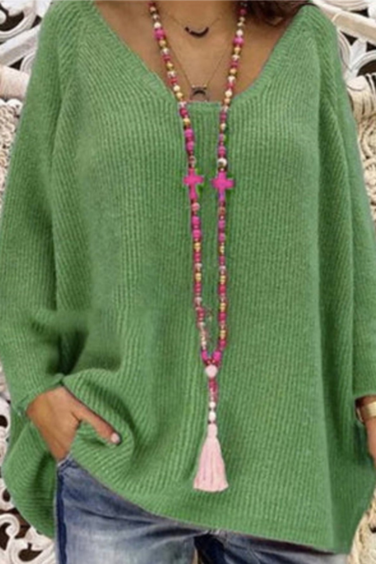 Vintage V Neck Solid Color Pullover Sweater-ABOXUN