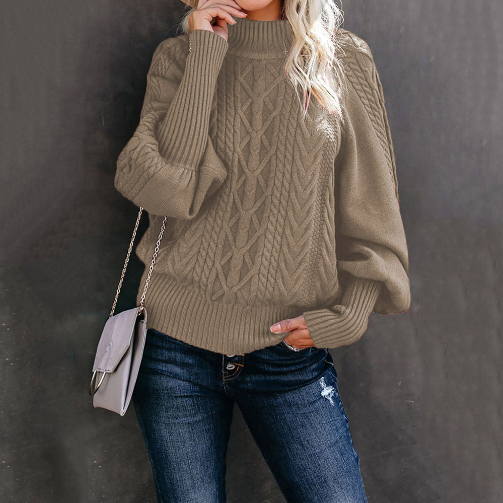 Loose Solid Color Lantern Sleeve Sweater-ABOXUN