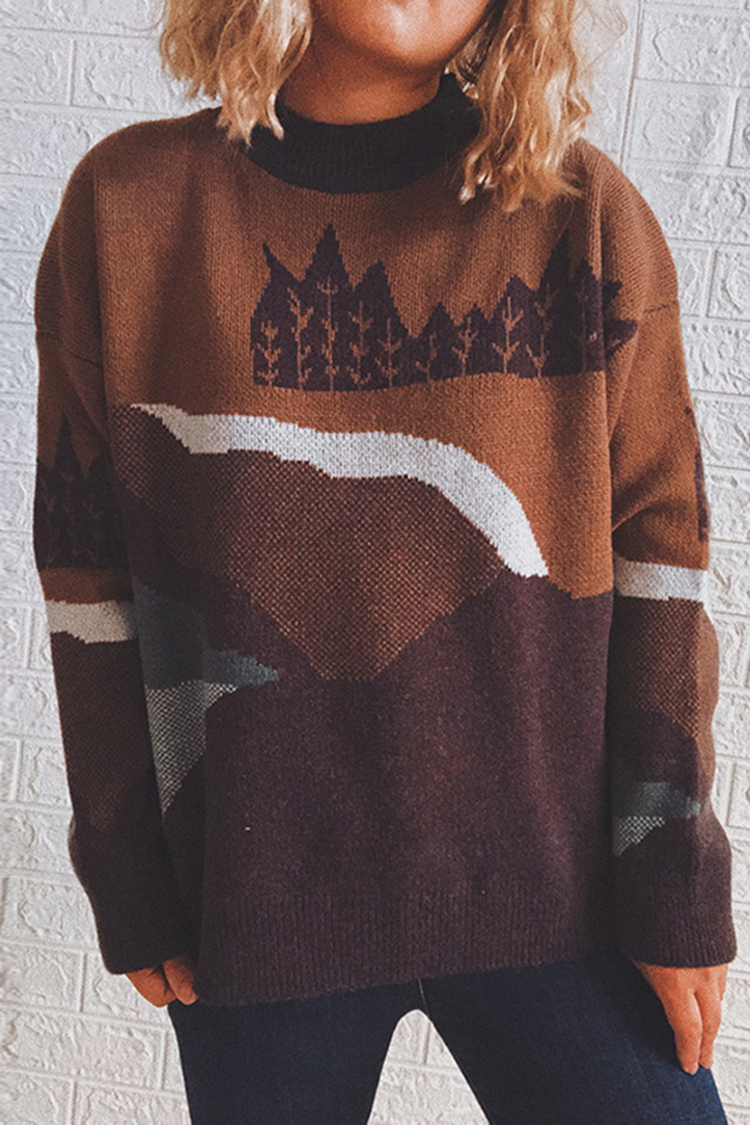 Vintage Crew Neck Long Sleeve Forest Pattern Sweater-ABOXUN