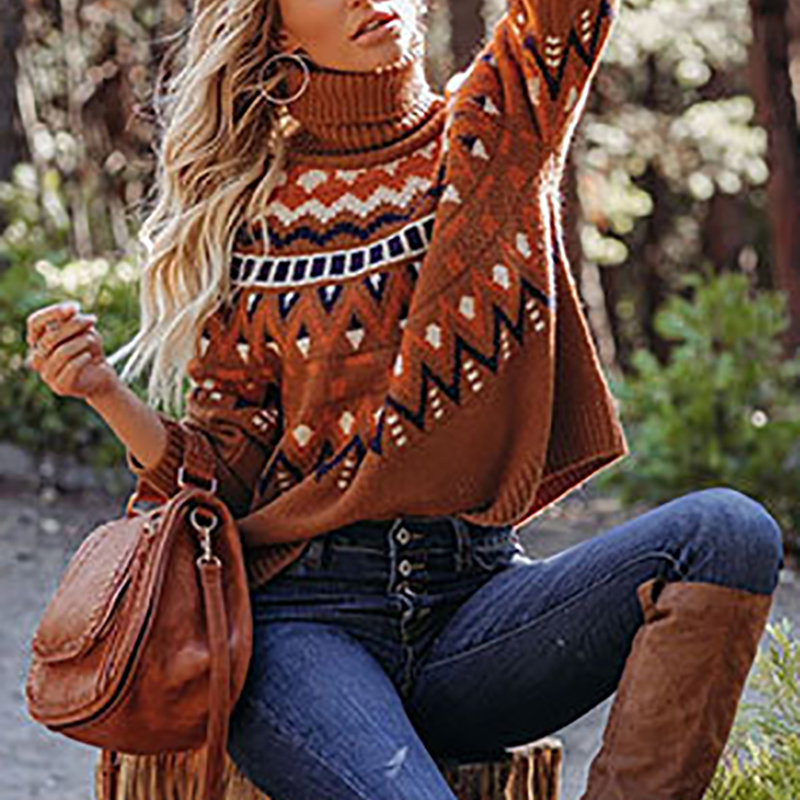 Vintage Striped Panel Contrast Turtleneck Sweater-ABOXUN