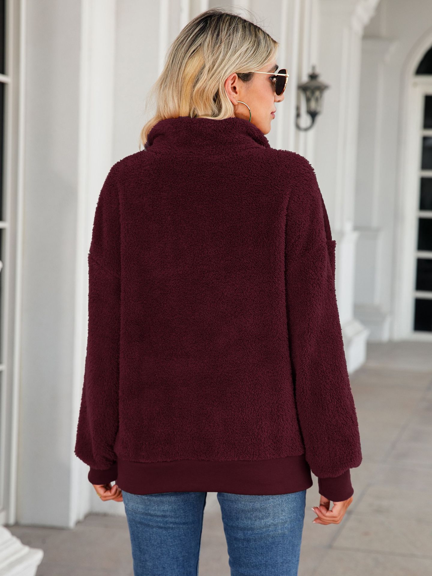 Pullover Zipper Mid-Length Solid Color Plush Patchwork Sweatshirt-ABOXUN