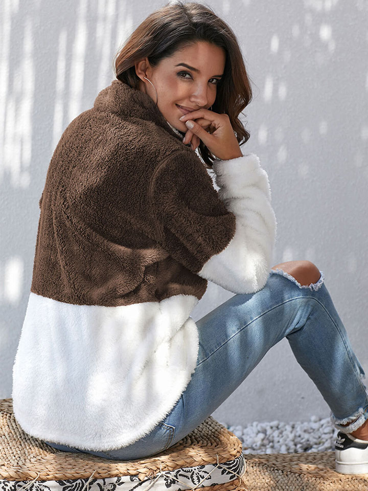 Contrast Long Sleeve Plush Pullover Sweatshirt-ABOXUN