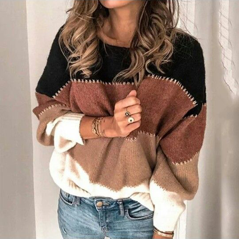 Casual Contrast Striped Loose Crew Neck Sweater-ABOXUN