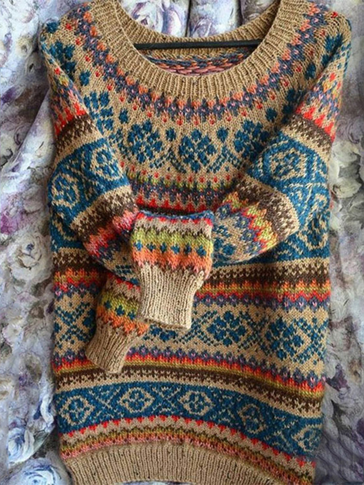 Vintage Crew Neck Long Sleeve Knit Loose Sweater-ABOXUN