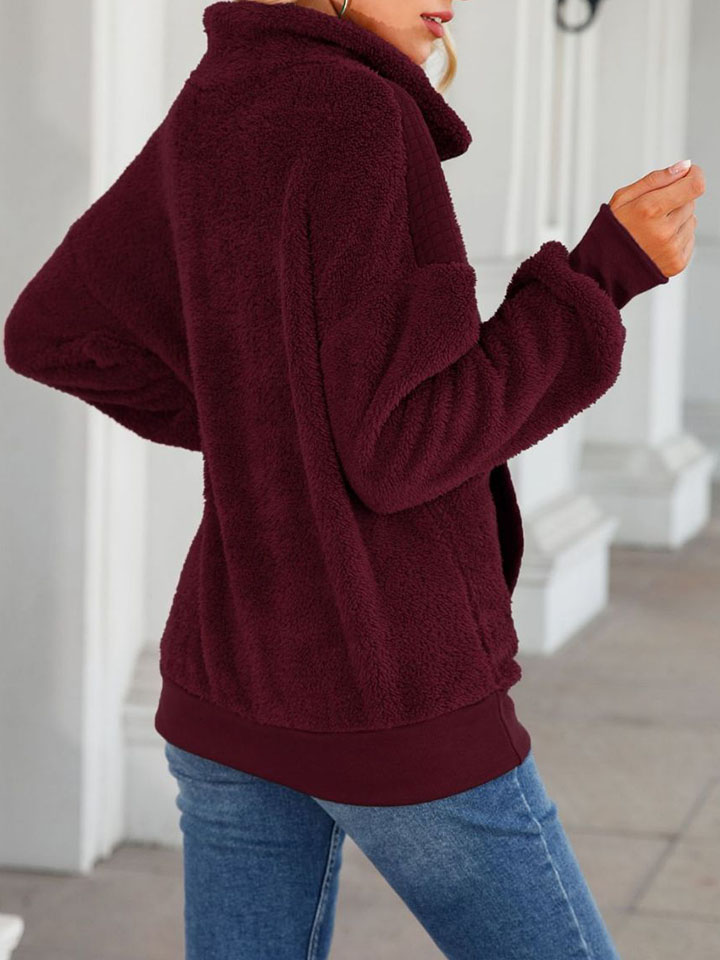 Pullover Zipper Mid-Length Solid Color Plush Patchwork Sweatshirt-ABOXUN