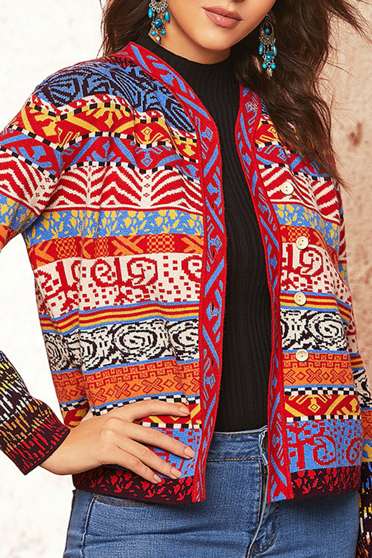 Ethnic Print Long Sleeve Casual Knit Cardigan-ABOXUN