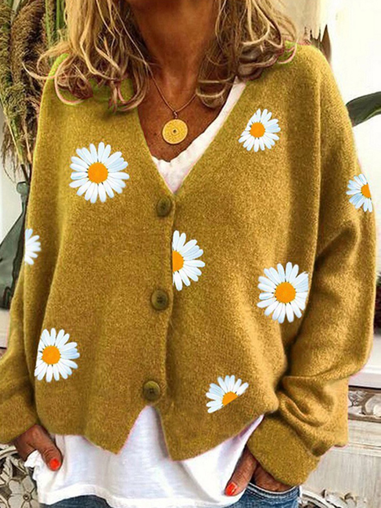 Vintage Single-Breasted Daisy Jacquard Sweater Cardigan-ABOXUN