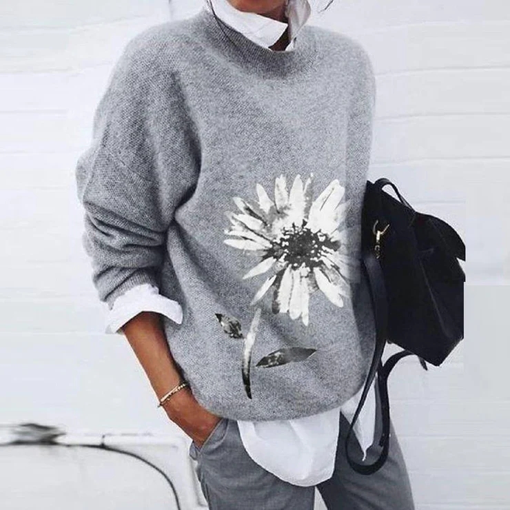 Casual Daisy Jacquard Long Sleeve Crewneck Sweater-ABOXUN