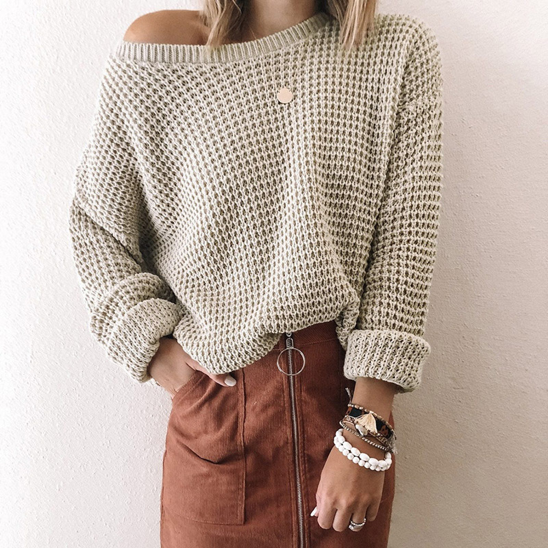 Loose Solid Color Inclined Collar Long Sleeve Knitted Sweater-ABOXUN