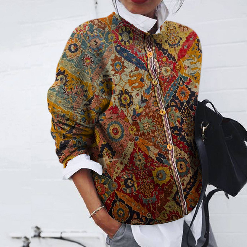 Fashion Brushed Geometric Print Loose Long Sleeve Top-ABOXUN