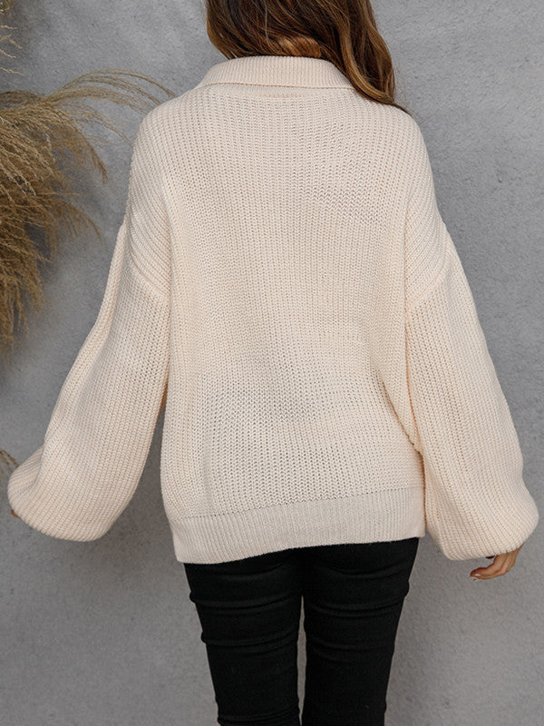 Pullover Zip Knit Lapel Solid Sweater-ABOXUN