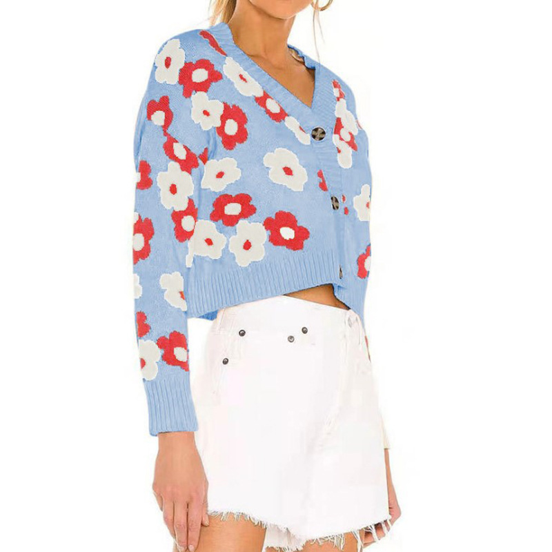 V-Neck Cute Floral Single-Breasted Cardigan-ABOXUN