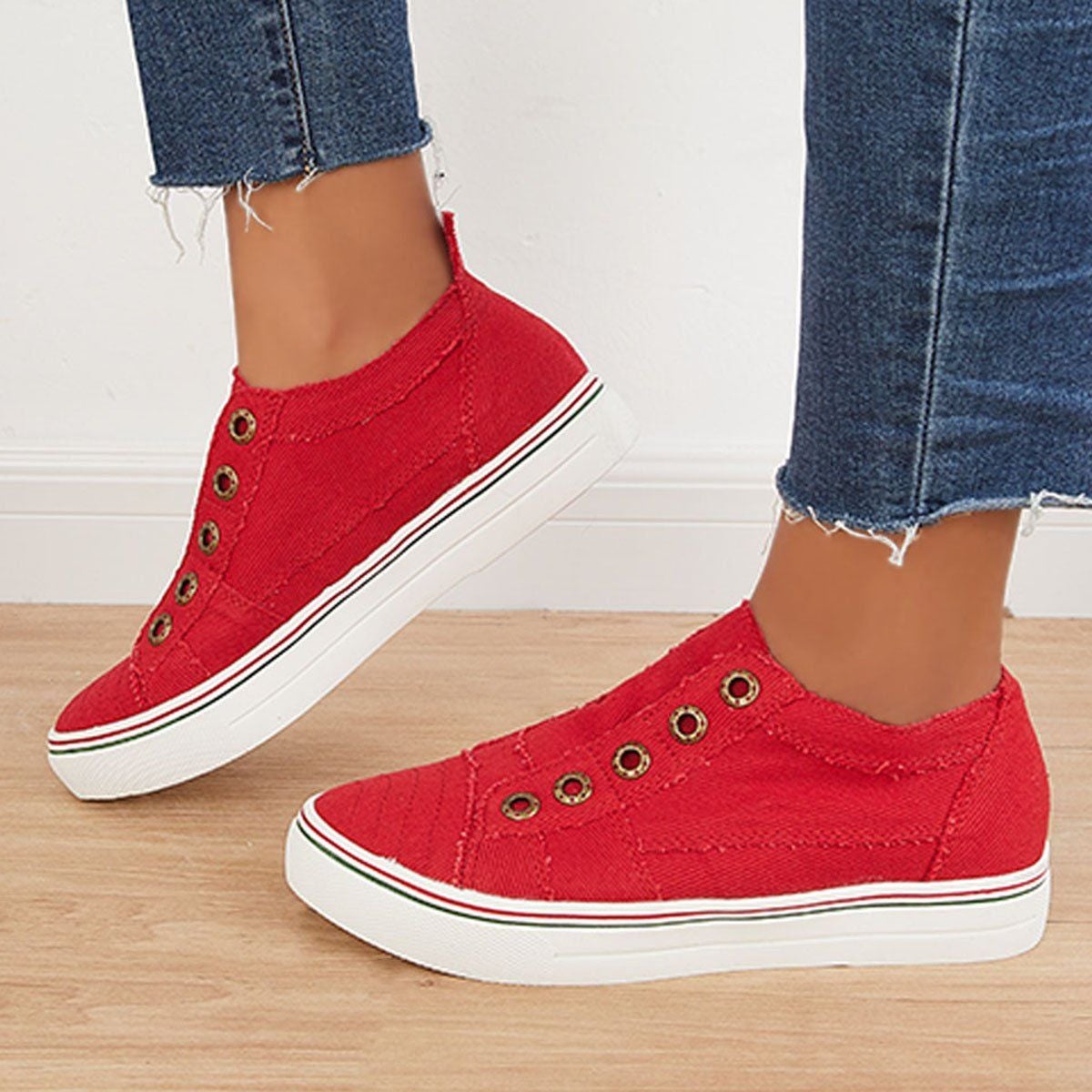 Women Red Canvas Casual Slip on Loafer Flat Sneakers Walking Shoes-ABOXUN