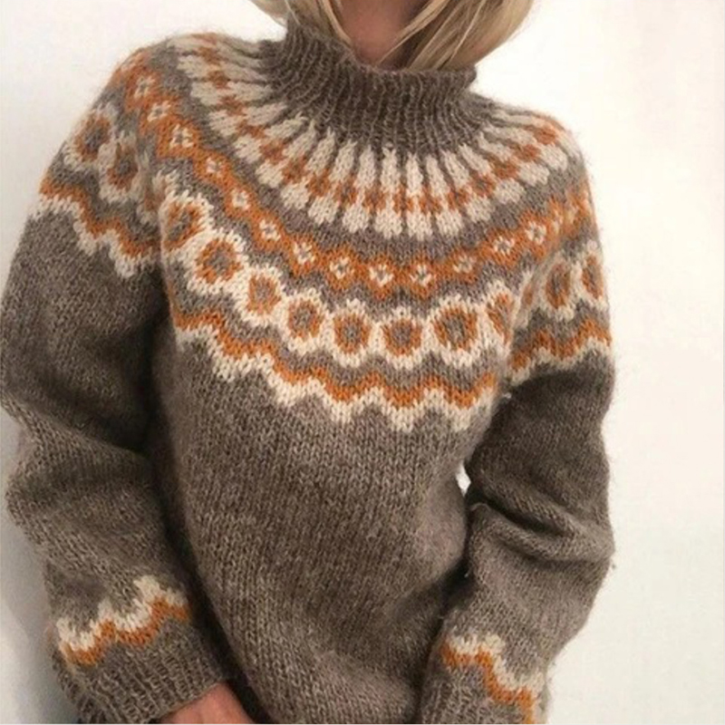 Vintage Turtleneck Pullover Chunky Jacquard Sweater-ABOXUN