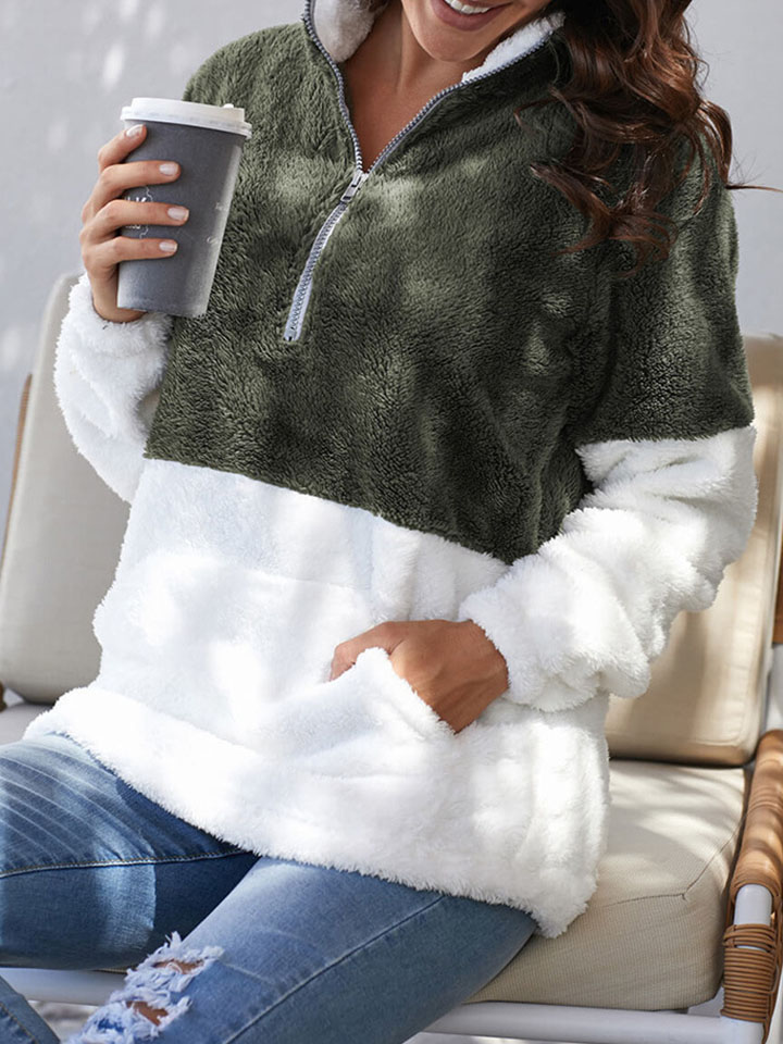 Contrast Long Sleeve Plush Pullover Sweatshirt-ABOXUN