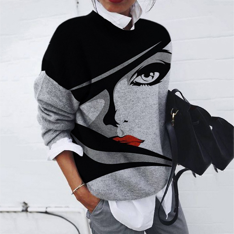 Fashion Abstract Portrait Print Loose Long Sleeve Top-ABOXUN