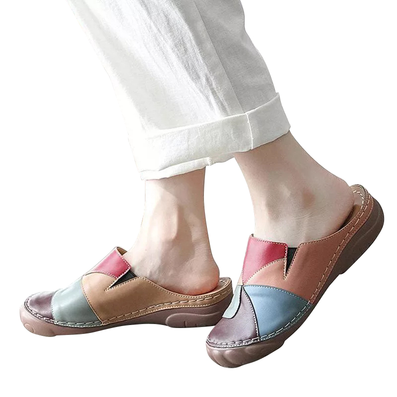 Women Comfortable Slip On Color Block Mules Slippers-ABOXUN