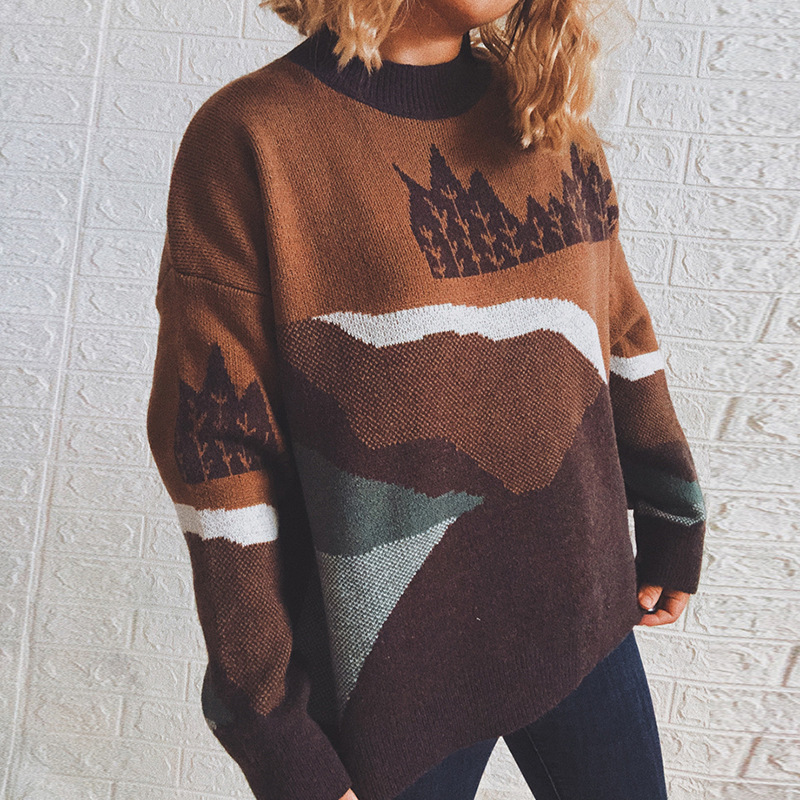 Vintage Crew Neck Long Sleeve Forest Pattern Sweater-ABOXUN