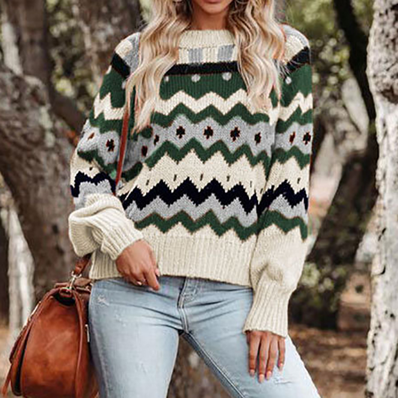 Vintage Crew Neck Argyle Jacquard Sweater-ABOXUN