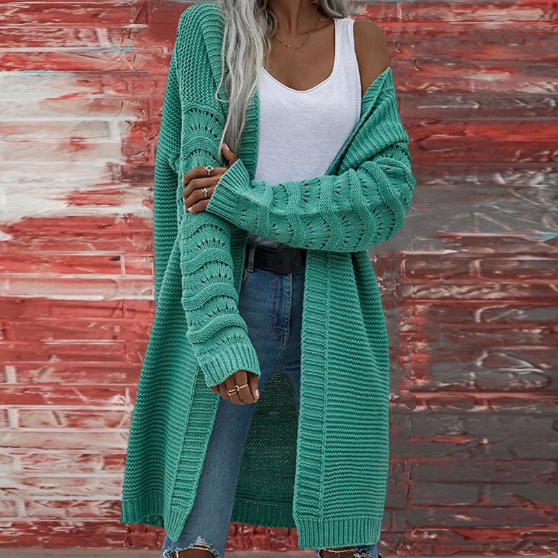 Solid Color Cutout Long Knitted Cardigan-ABOXUN