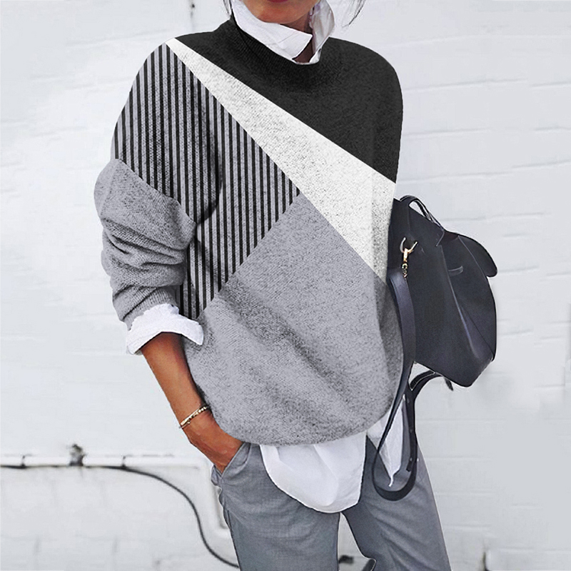 Round Neck Patchwork Color Block Stripe Contrast Top-ABOXUN