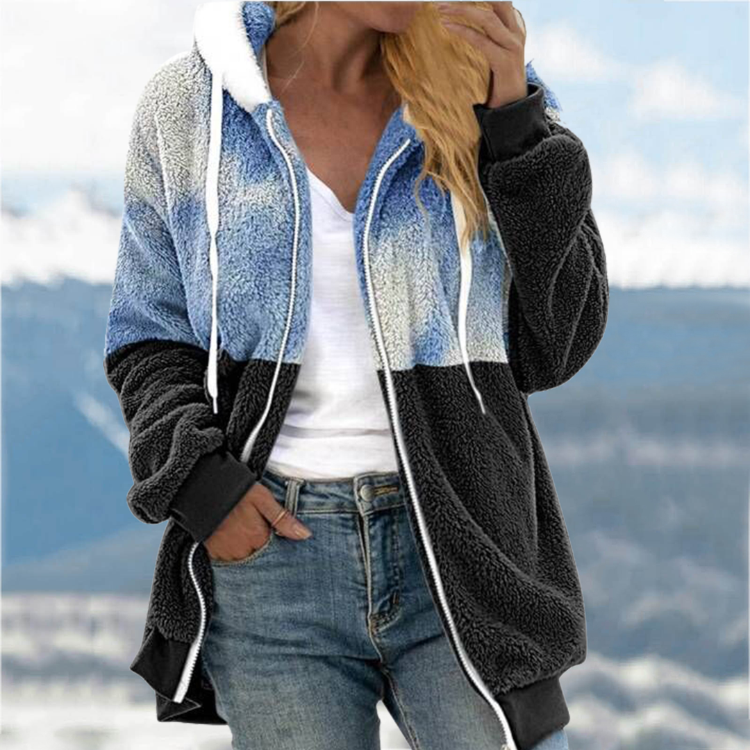 Casual Zipper Hoodie Color Block Zebra Teddy Jacket-ABOXUN