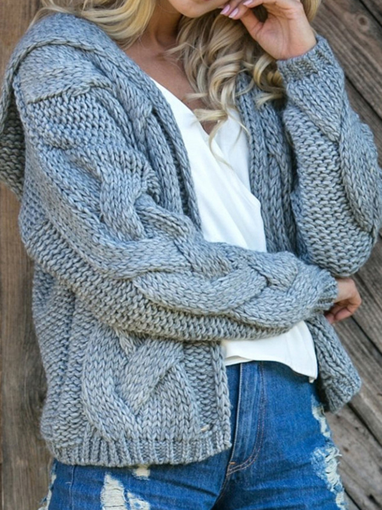 Twist Solid Color Thick Line Hooded Sweater Cardigan-ABOXUN