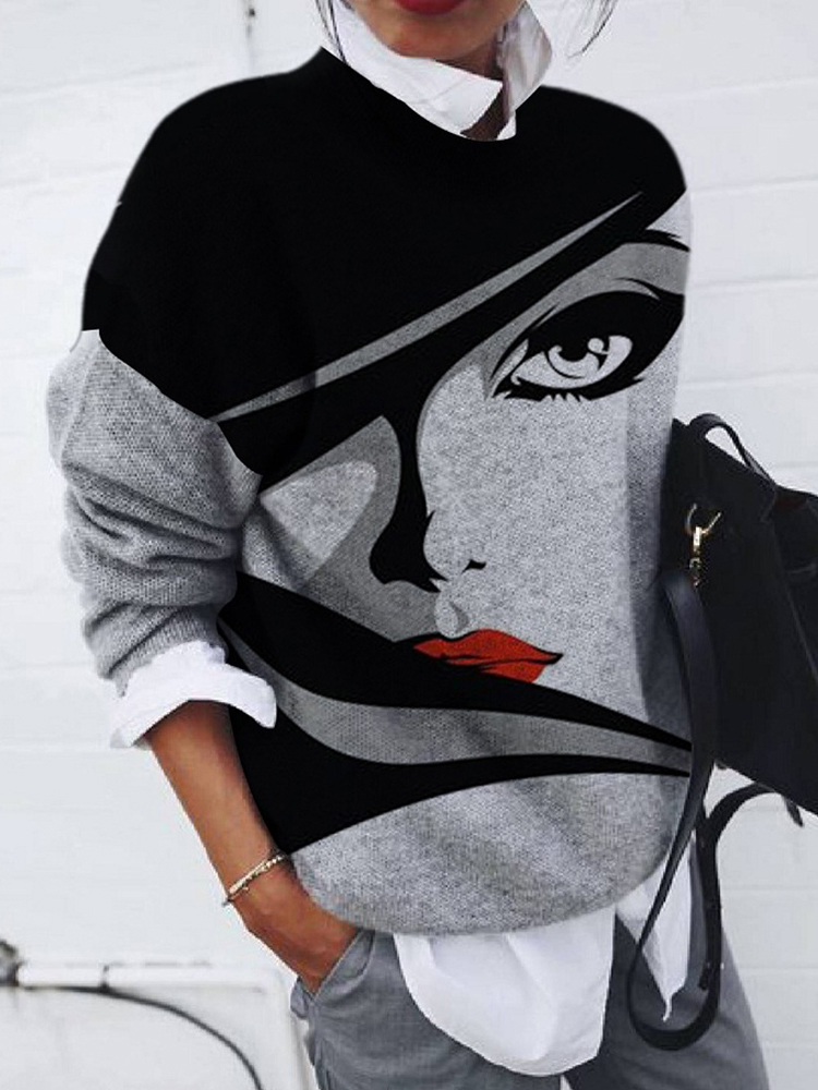 Fashion Abstract Portrait Print Loose Long Sleeve Top-ABOXUN