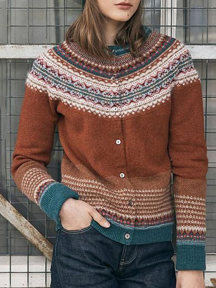 Vintage Contrast Jacquard Long Sleeve Sweater Cardigan-ABOXUN