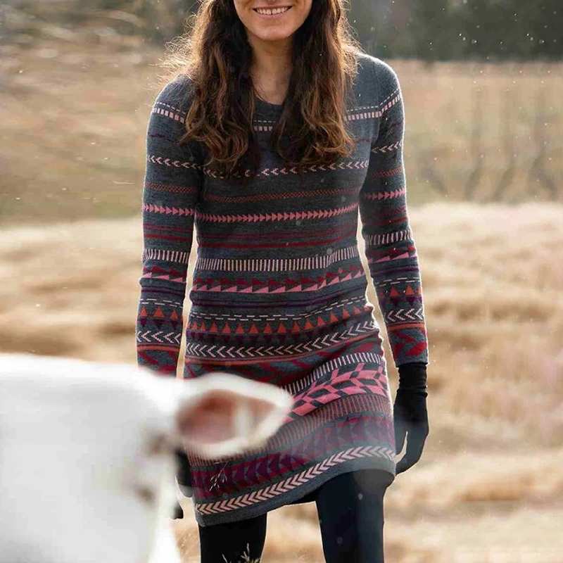 Vintage Multicolor Print Knit Dress-ABOXUN