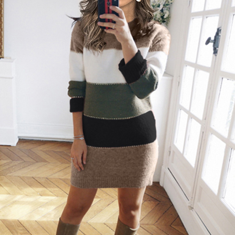Casual Contrast Crewneck Sweater Mini Dress-ABOXUN