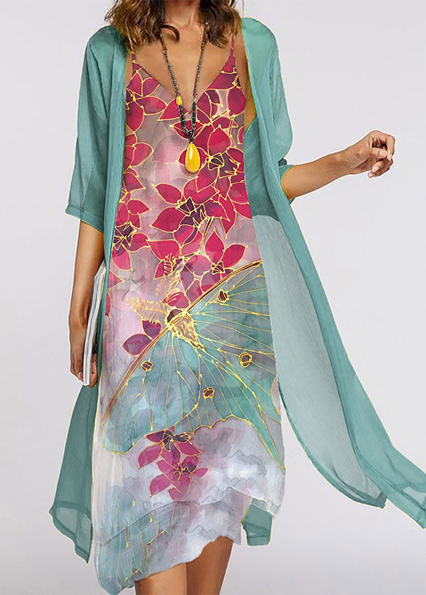 Two Pieces Floral Print Round Collar Chiffon Sweater Set-ABOXUN