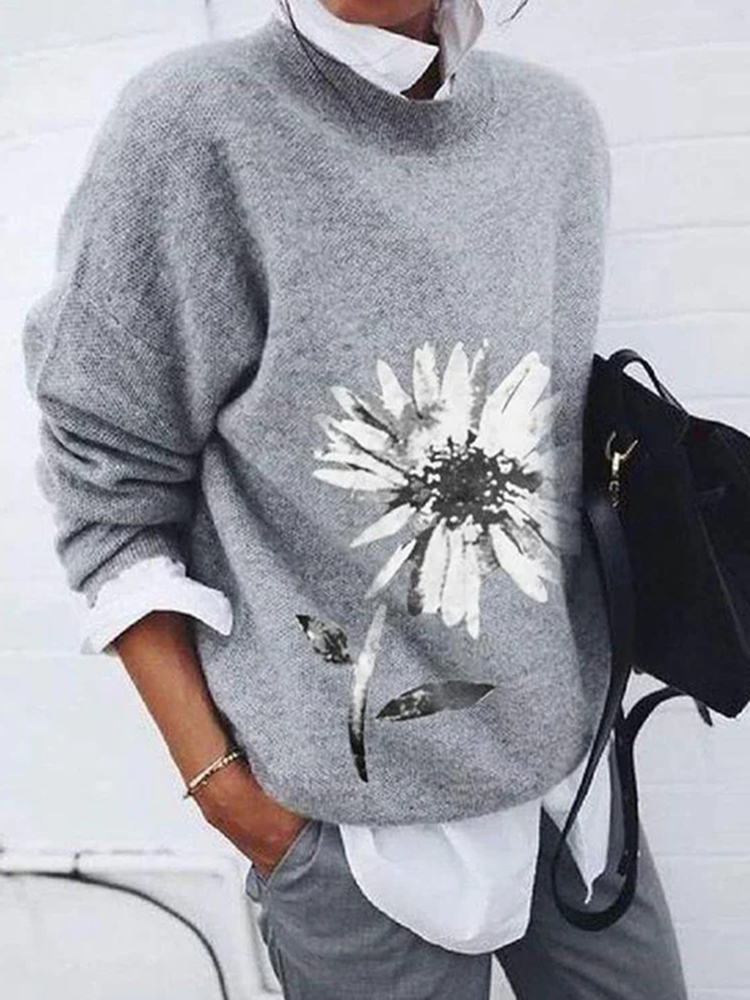 Casual Daisy Jacquard Long Sleeve Crewneck Sweater-ABOXUN