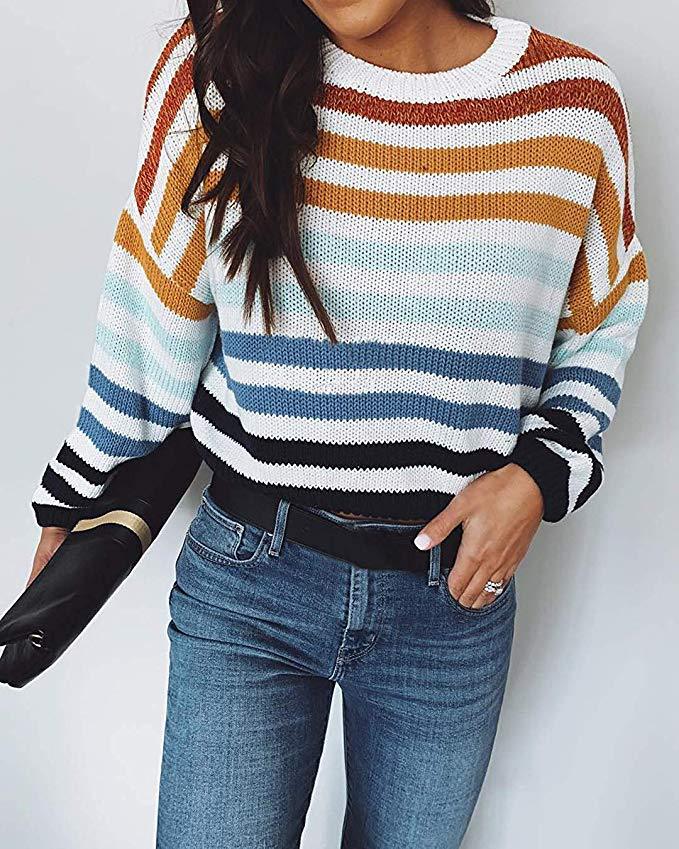 Rainbow Contrast Striped Knitted Sweater-ABOXUN