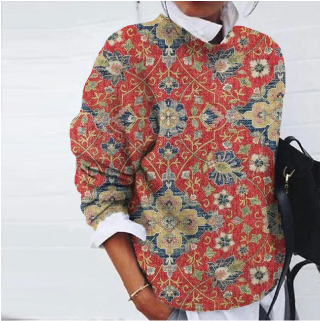 Vintage Ethnic Print Brushed Knit Top-ABOXUN