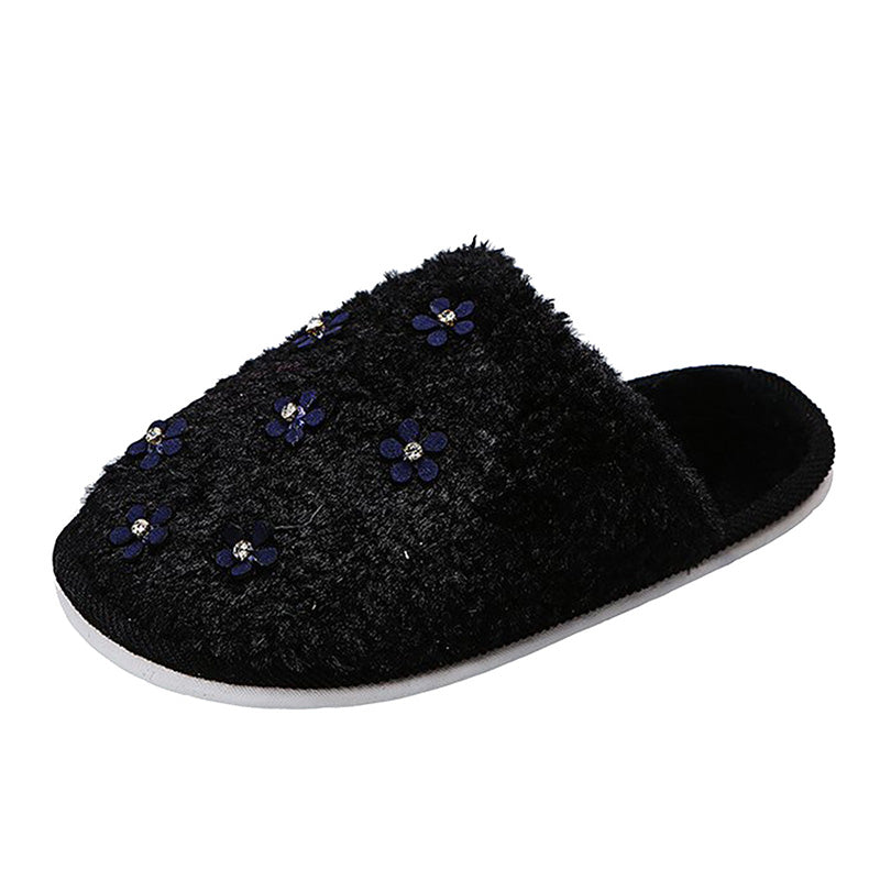 Rhinestone Flower Decorated Fluffy Closed Toe Flat Cotton Slippers-ABOXUN