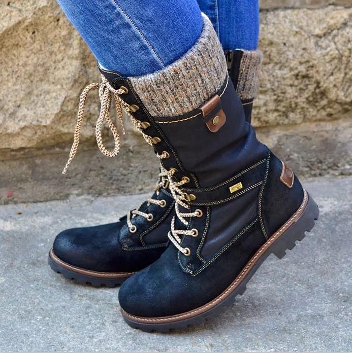 Grishay Fashion Woolen Yarn Solid Lace Up Side Zipper Flat Heel Mid Calf Boots Martin Boots For Women-ABOXUN