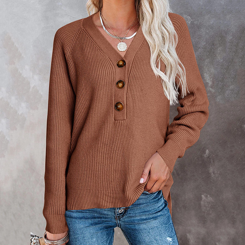 Casual V Neck Long Sleeve Sweater-ABOXUN