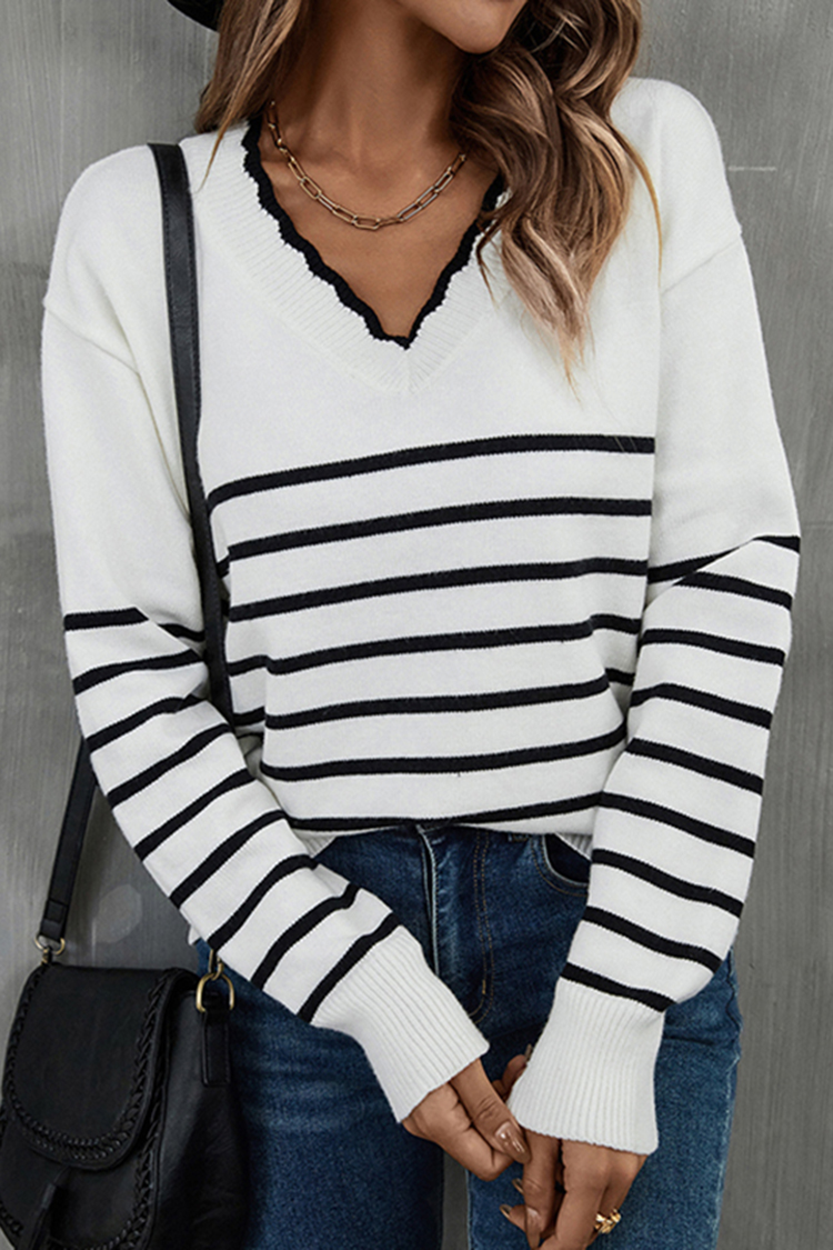 Casual V Neck Wavy Striped Jacquard Sweater-ABOXUN