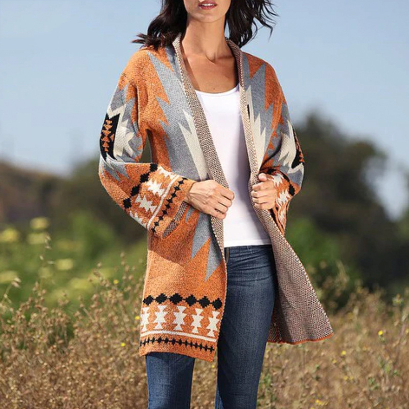 Geometric Jacquard Contrast Vintage Sweater Cardigan-ABOXUN